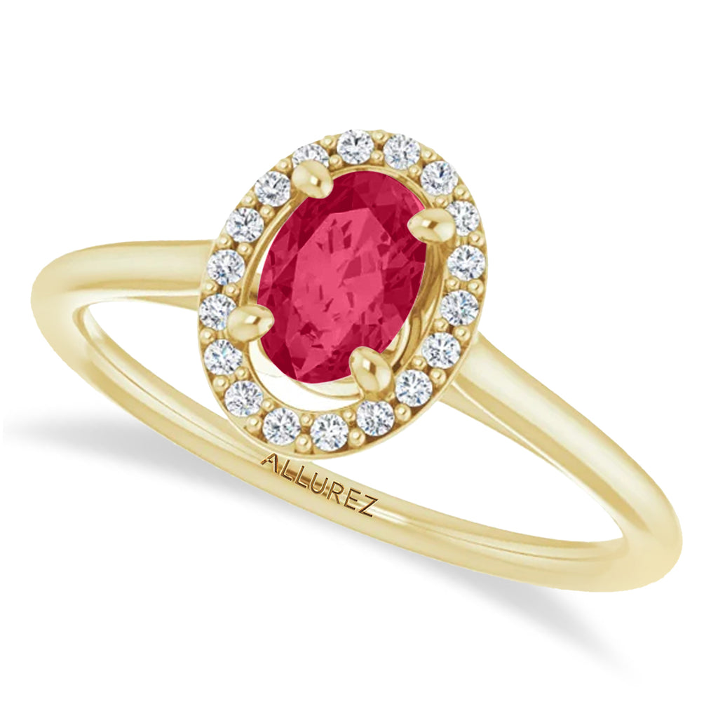 Oval Lab Ruby & Diamond Halo Ring 14K Yellow Gold (0.69ct)