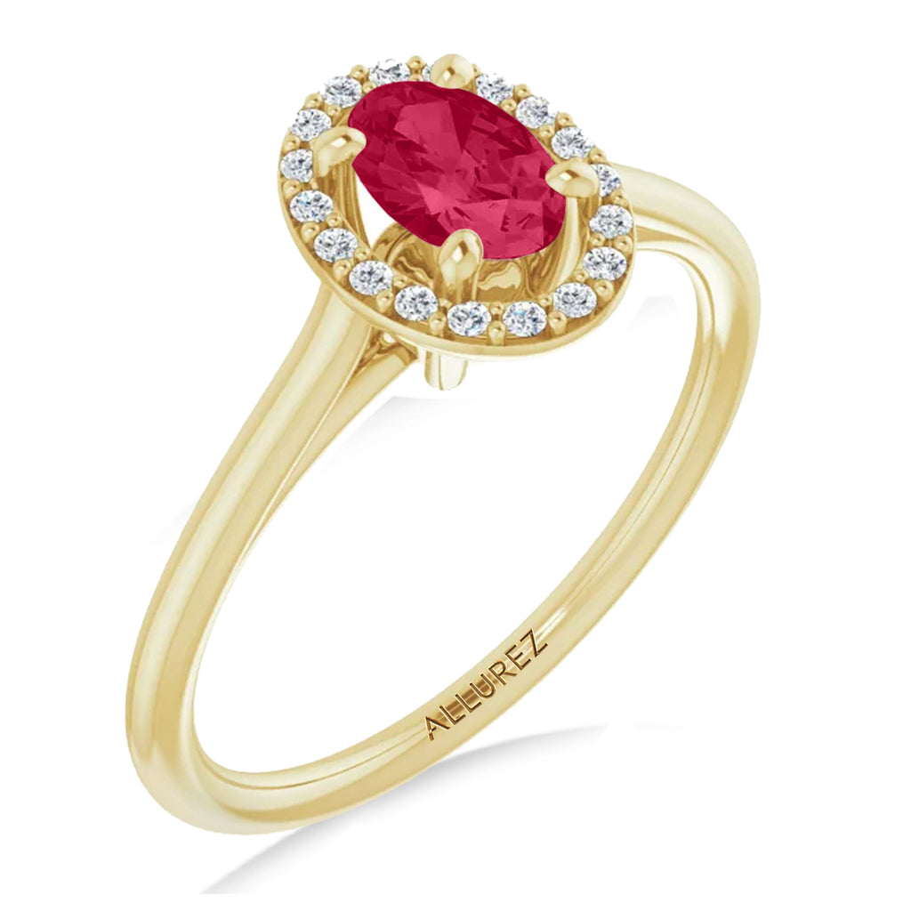 Oval Lab Ruby & Diamond Halo Ring 14K Yellow Gold (0.69ct)