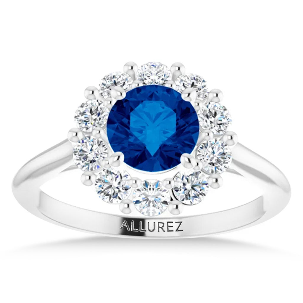 Round Lab Grown Blue Sapphire & Diamond Halo Ring 14K White Gold (1.71ct)