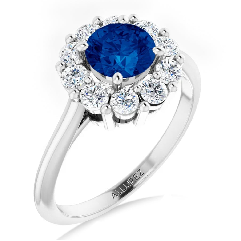 Round Lab Grown Blue Sapphire & Diamond Halo Ring 14K White Gold (1.71ct)