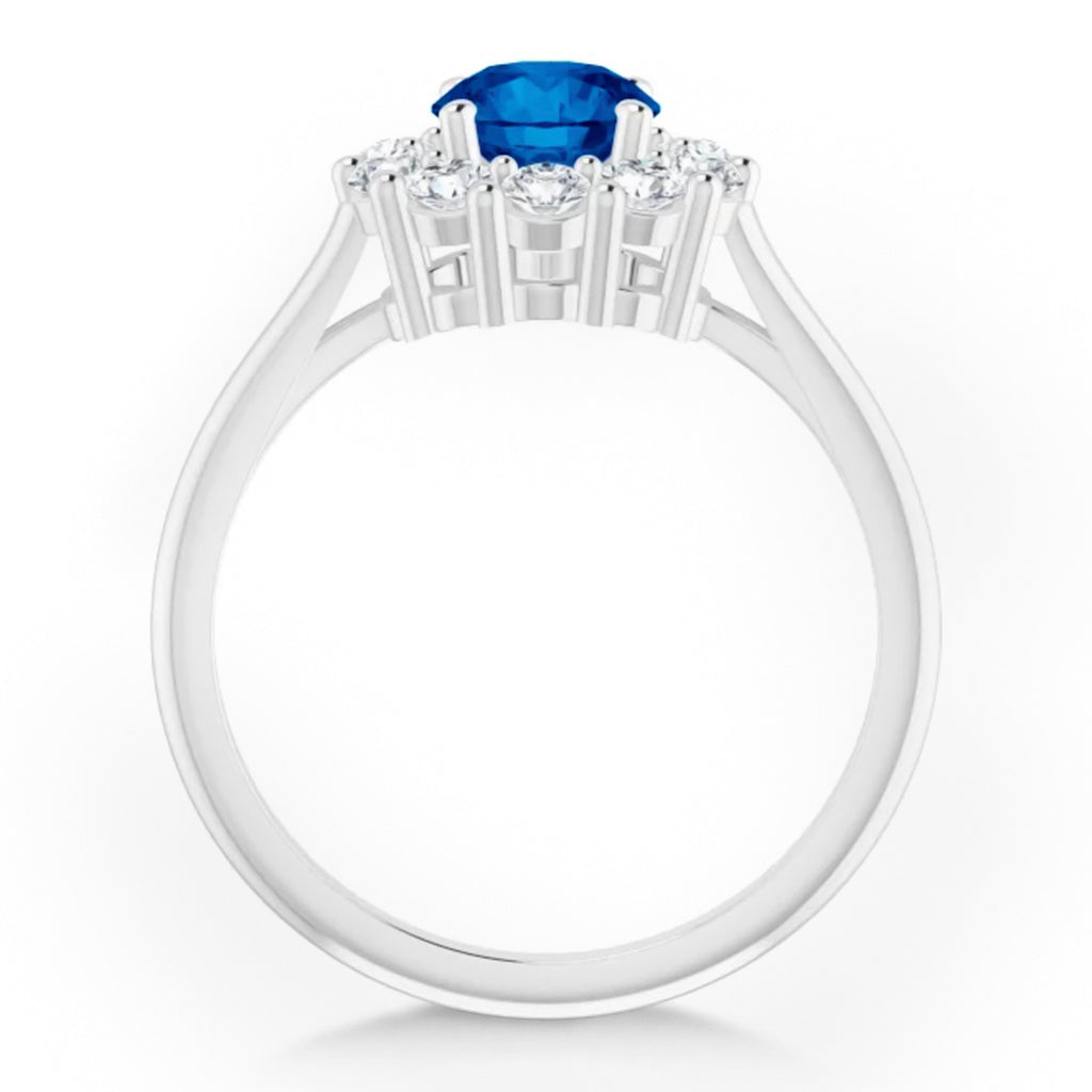 Round Lab Grown Blue Sapphire & Diamond Halo Ring 14K White Gold (1.71ct)