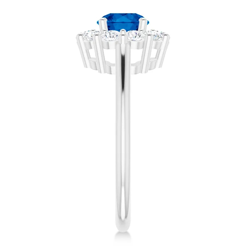 Round Lab Grown Blue Sapphire & Diamond Halo Ring 14K White Gold (1.71ct)