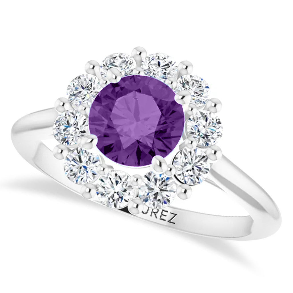 Round Lab Amethyst & Diamond Halo Ring 14K White Gold (1.25ct)