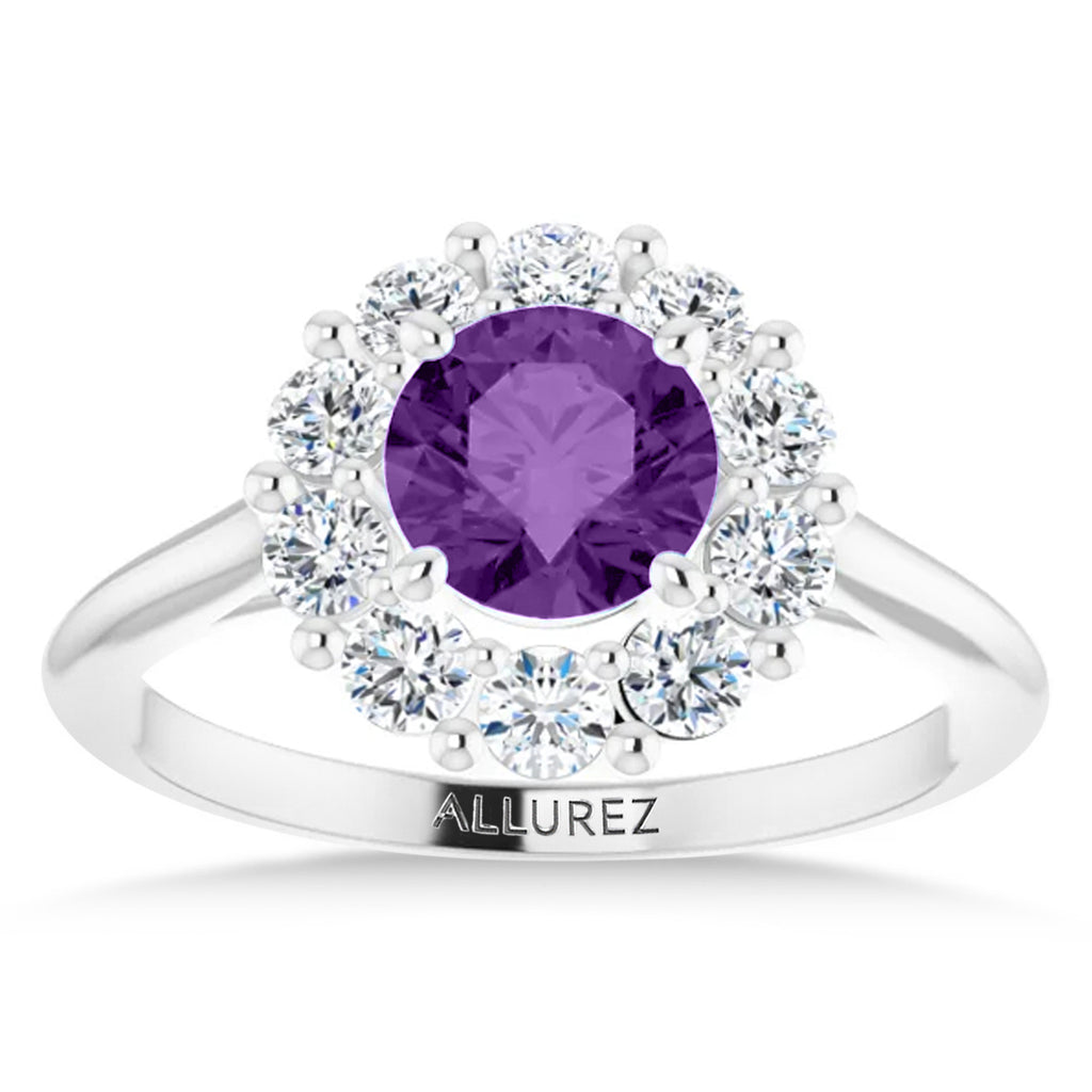 Round Lab Amethyst & Diamond Halo Ring 14K White Gold (1.25ct)