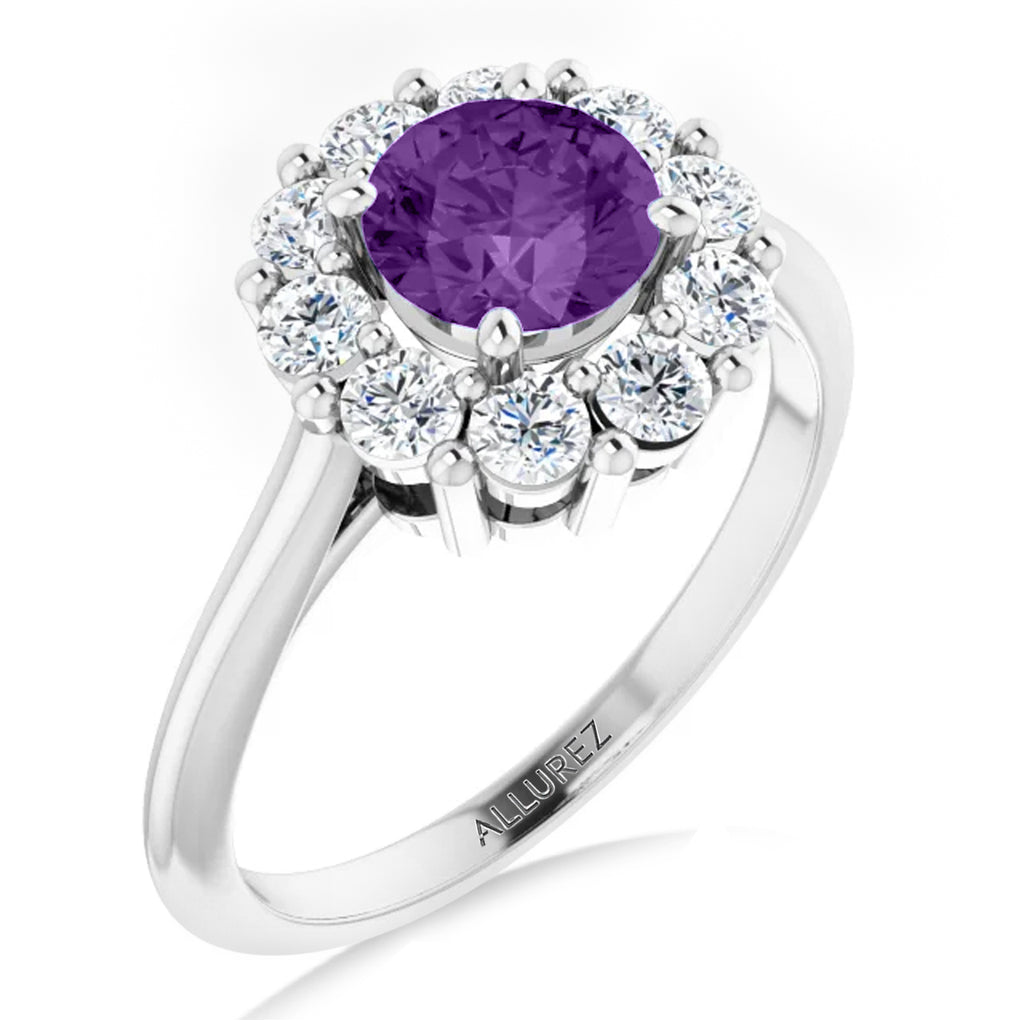 Round Lab Amethyst & Diamond Halo Ring 14K White Gold (1.25ct)
