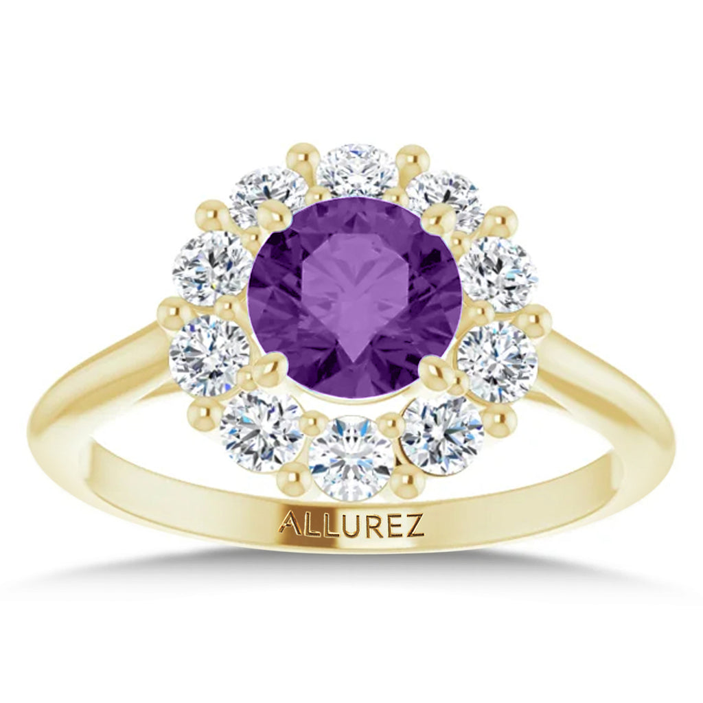Round Lab  Amethyst & Diamond Halo Ring 14K Yellow Gold (1.25ct)
