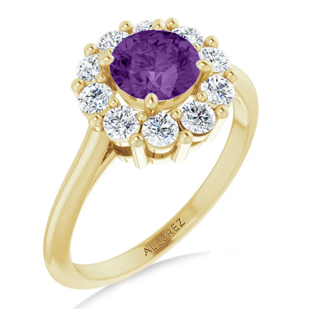 Round Lab  Amethyst & Diamond Halo Ring 14K Yellow Gold (1.25ct)