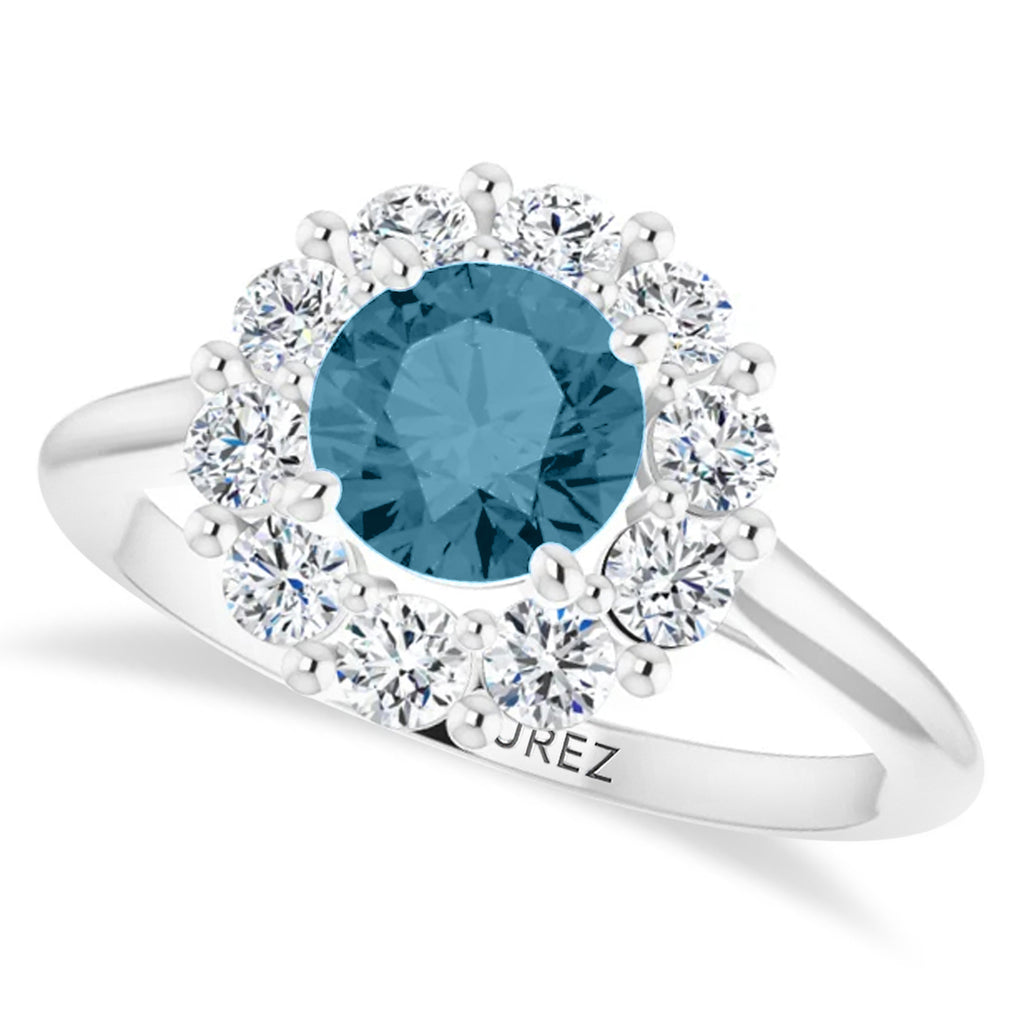 Round Lab  Aquamarine & Diamond Halo Ring 14K White Gold (1.25ct)