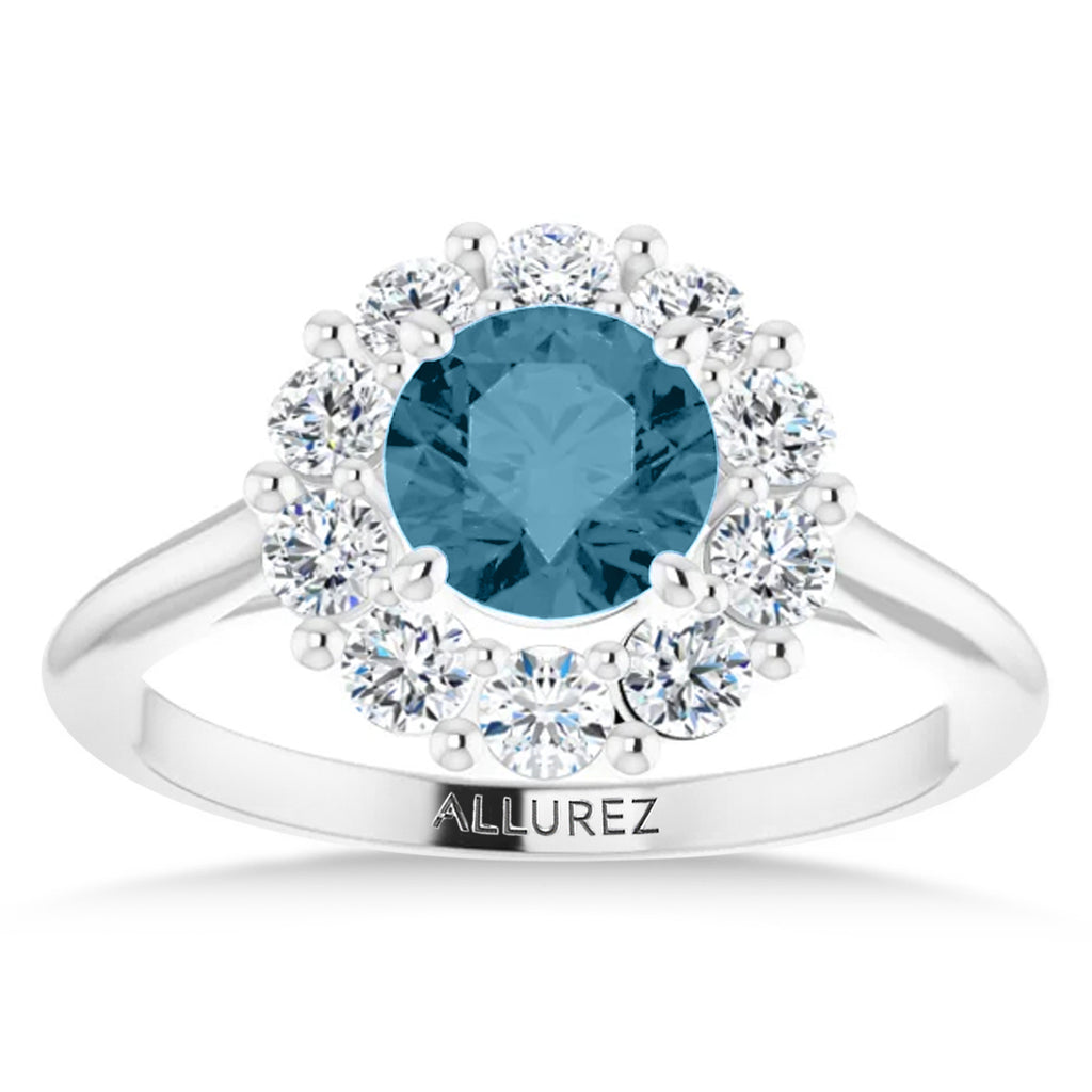 Round Lab  Aquamarine & Diamond Halo Ring 14K White Gold (1.25ct)