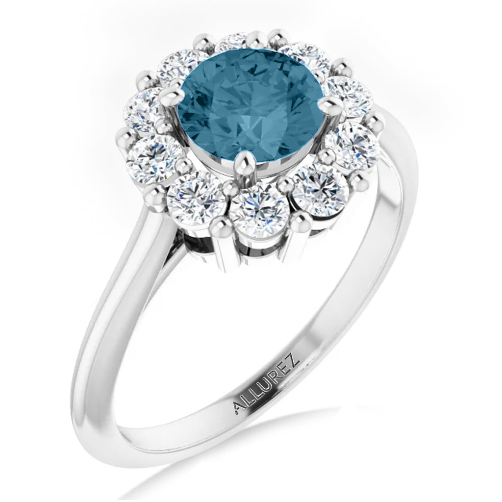 Round Lab  Aquamarine & Diamond Halo Ring 14K White Gold (1.25ct)