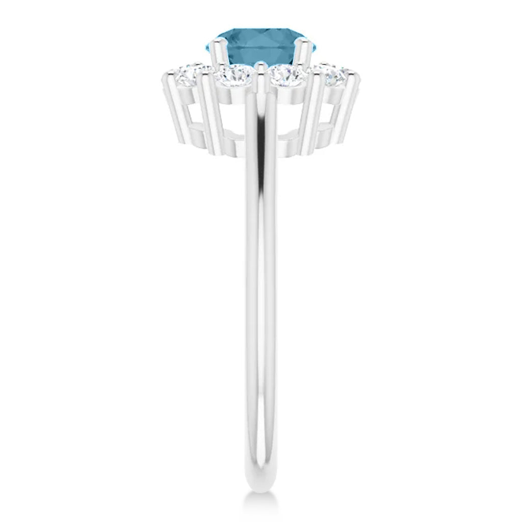 Round Lab  Aquamarine & Diamond Halo Ring 14K White Gold (1.25ct)