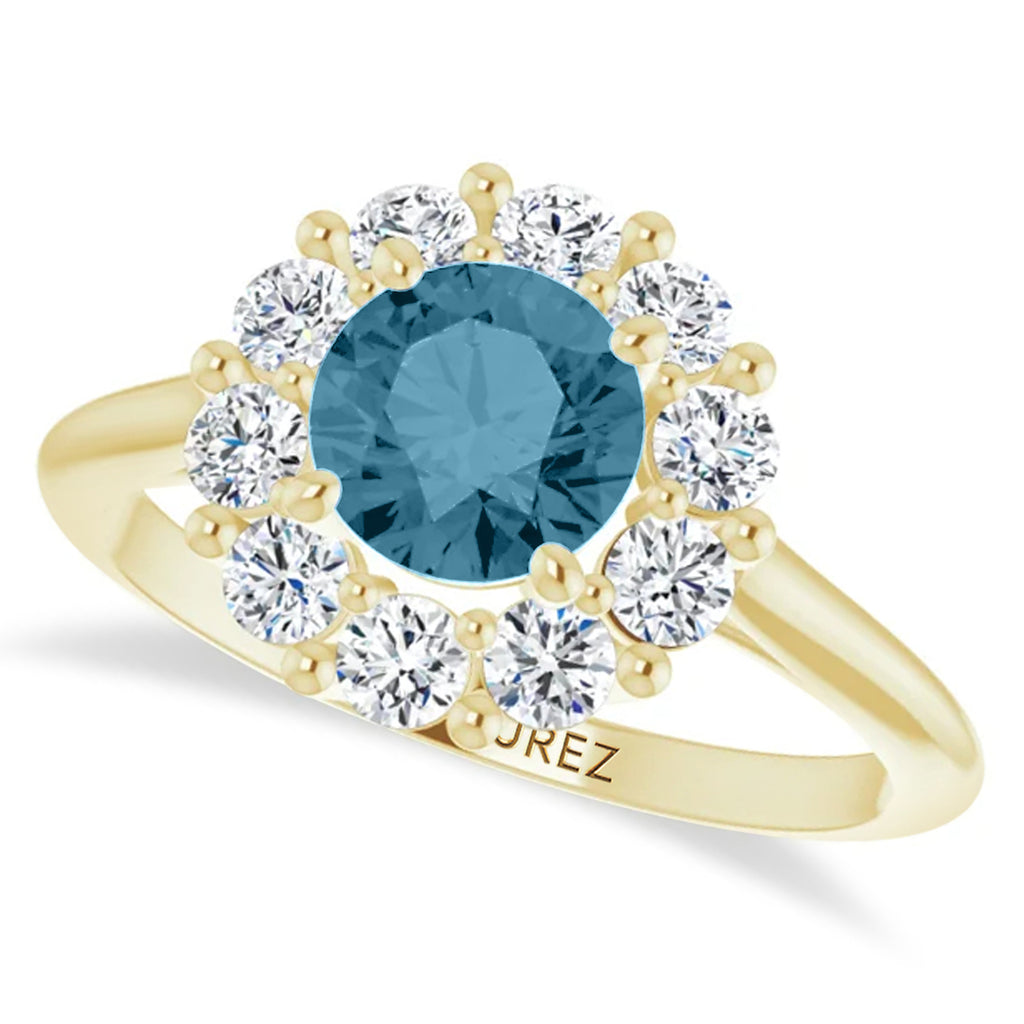 Round Lab  Aquamarine & Diamond Halo Ring 14K Yellow Gold (1.25ct)