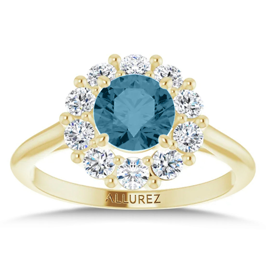 Round Lab  Aquamarine & Diamond Halo Ring 14K Yellow Gold (1.25ct)