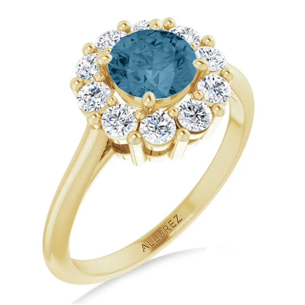 Round Lab  Aquamarine & Diamond Halo Ring 14K Yellow Gold (1.25ct)