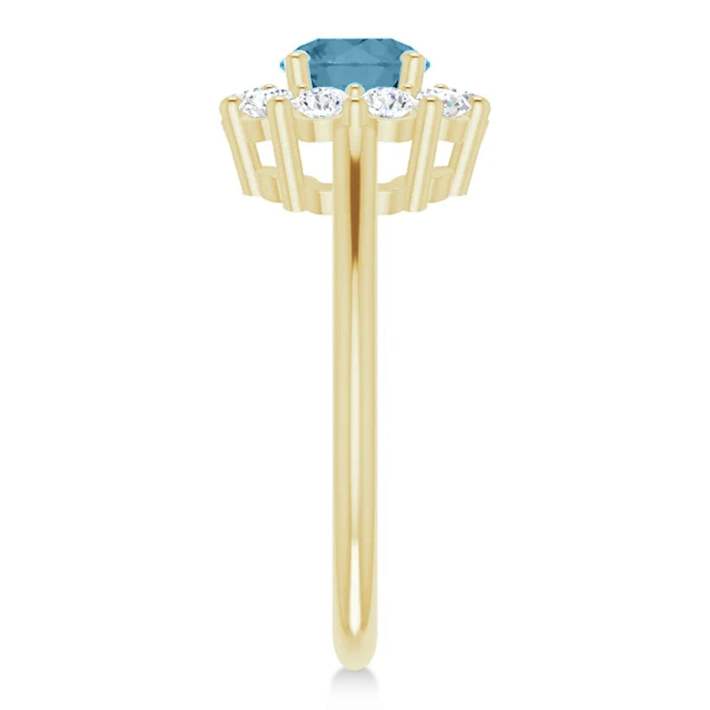 Round Lab  Aquamarine & Diamond Halo Ring 14K Yellow Gold (1.25ct)