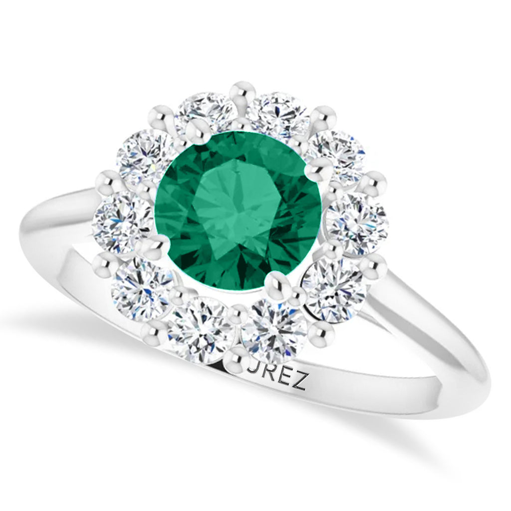 Round Lab  Emerald & Diamond Halo Ring 14K White Gold (1.28ct)