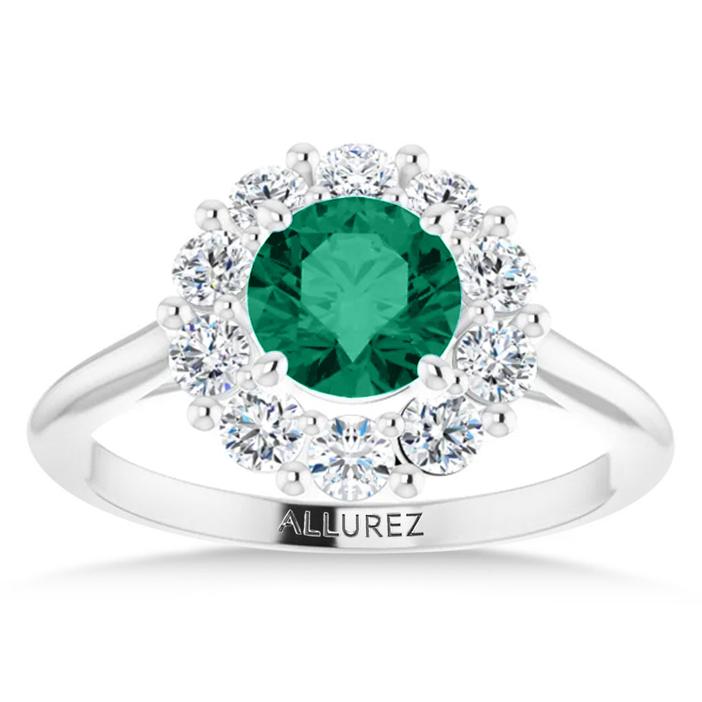 Round Lab  Emerald & Diamond Halo Ring 14K White Gold (1.28ct)