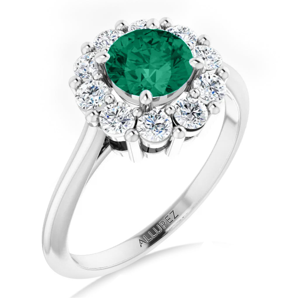 Round Lab  Emerald & Diamond Halo Ring 14K White Gold (1.28ct)