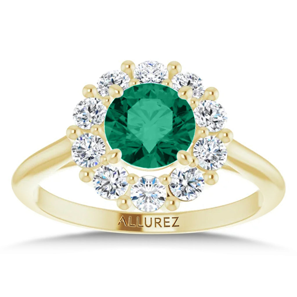 Round Lab  Emerald & Diamond Halo Ring 14K Yellow Gold (1.28ct)
