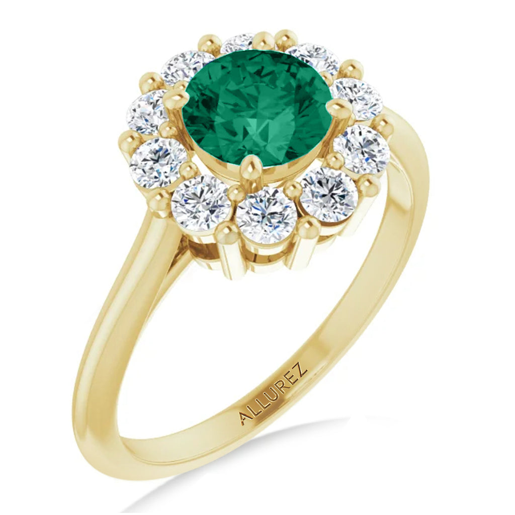 Round Lab  Emerald & Diamond Halo Ring 14K Yellow Gold (1.28ct)
