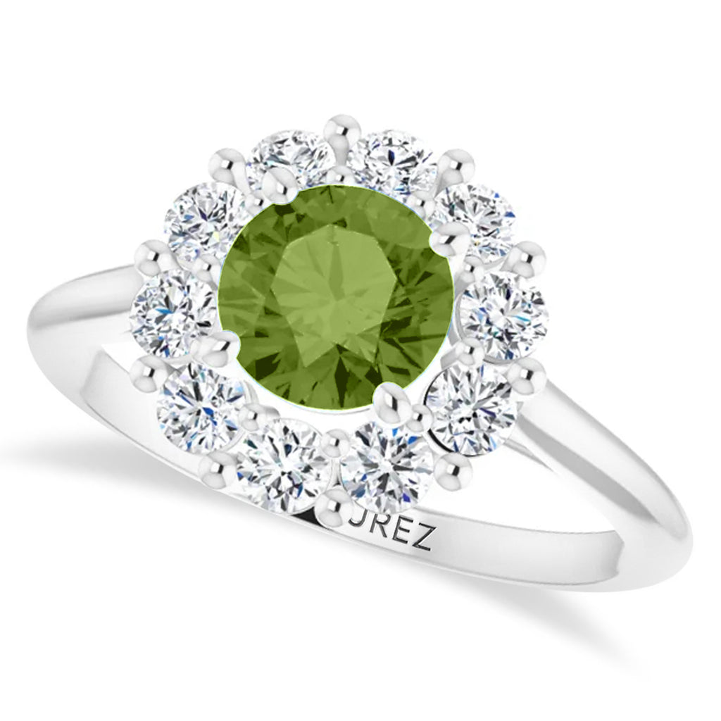 Round Lab  Peridot & Diamond Halo Ring 14K White Gold (1.40ct)