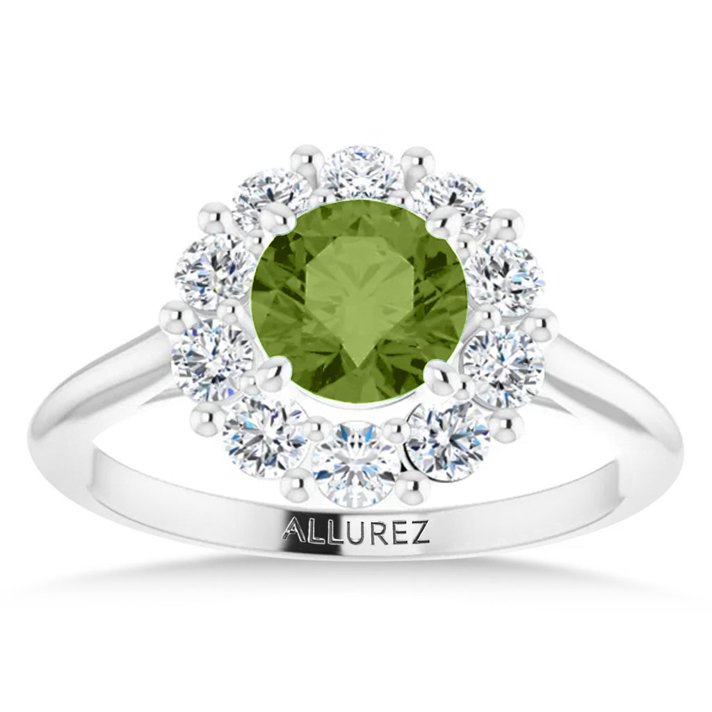 Round Lab  Peridot & Diamond Halo Ring 14K White Gold (1.40ct)