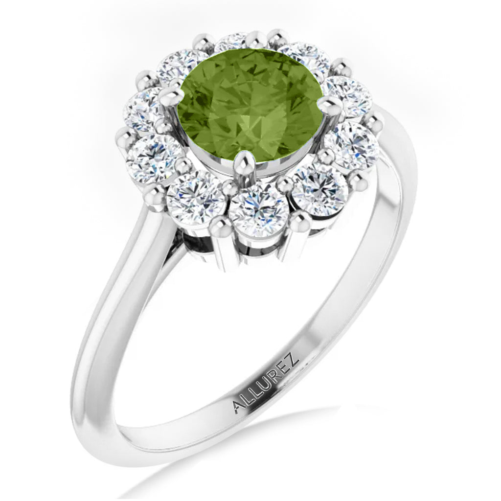 Round Lab  Peridot & Diamond Halo Ring 14K White Gold (1.40ct)