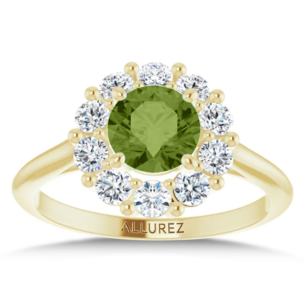 Round Lab  Peridot & Diamond Halo Ring 14K Yellow Gold (1.40ct)