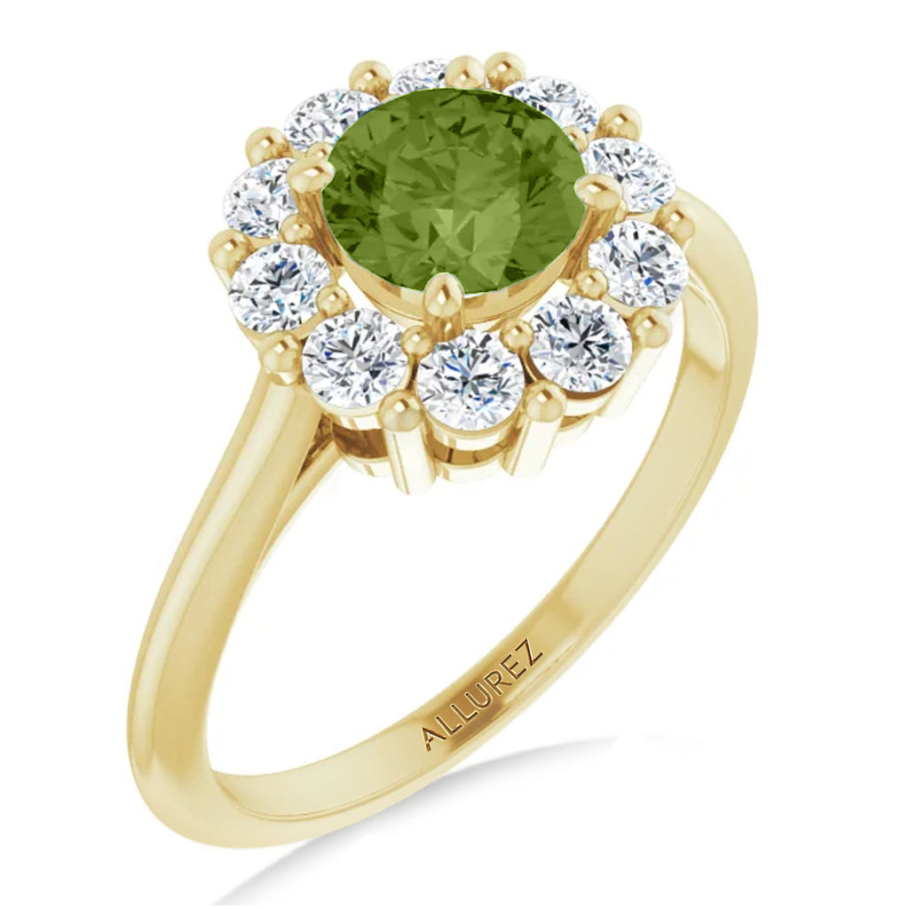 Round Lab  Peridot & Diamond Halo Ring 14K Yellow Gold (1.40ct)