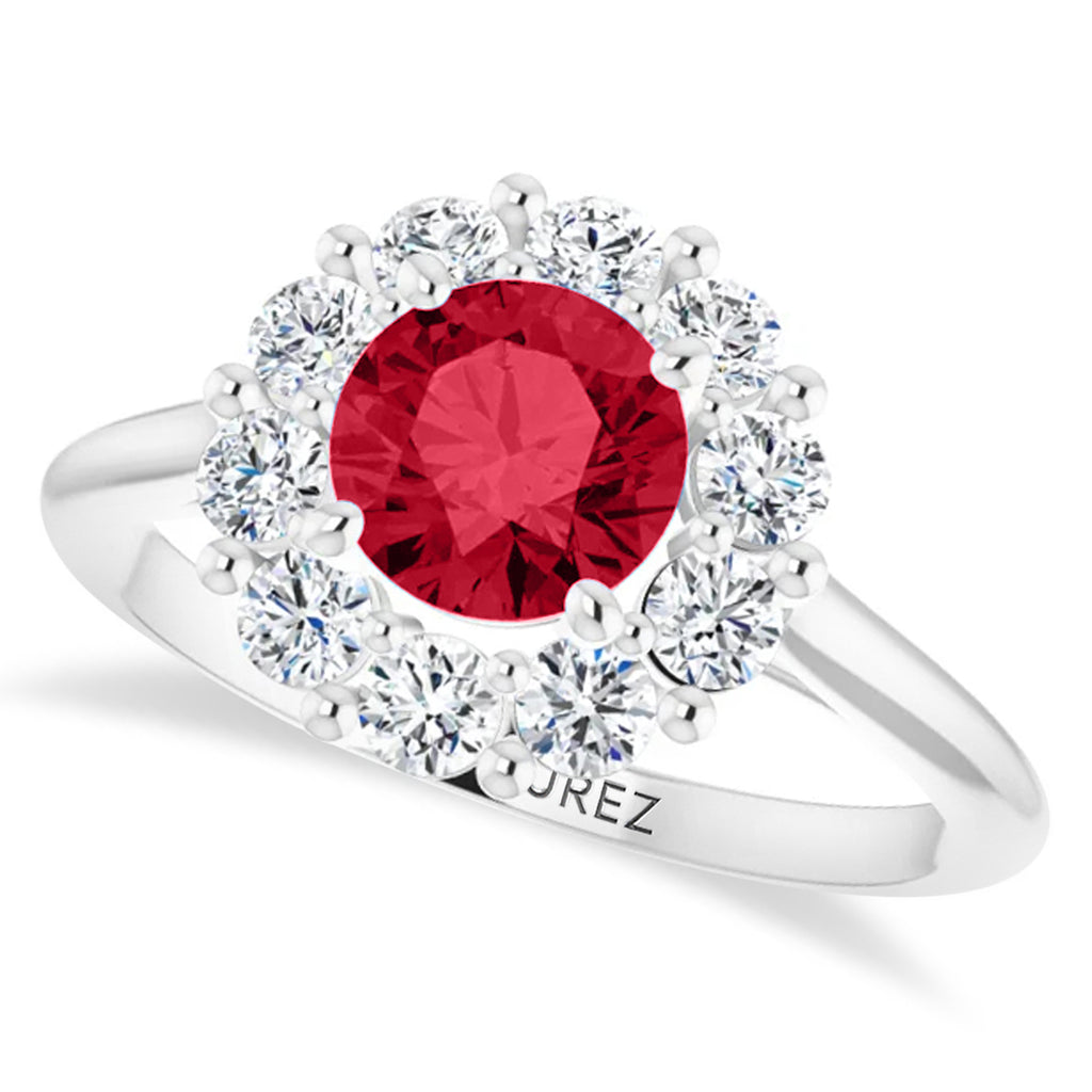 Round Lab  Ruby & Diamond Halo Ring 14K White Gold (1.70ct)