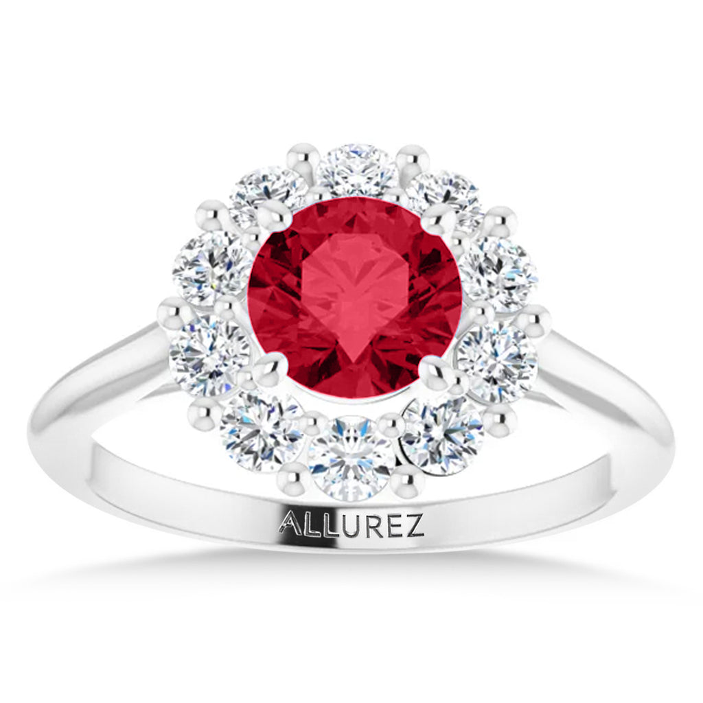 Round Lab  Ruby & Diamond Halo Ring 14K White Gold (1.70ct)