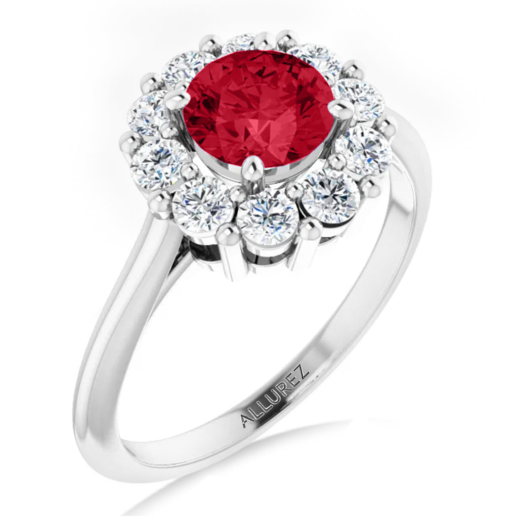 Round Lab  Ruby & Diamond Halo Ring 14K White Gold (1.70ct)