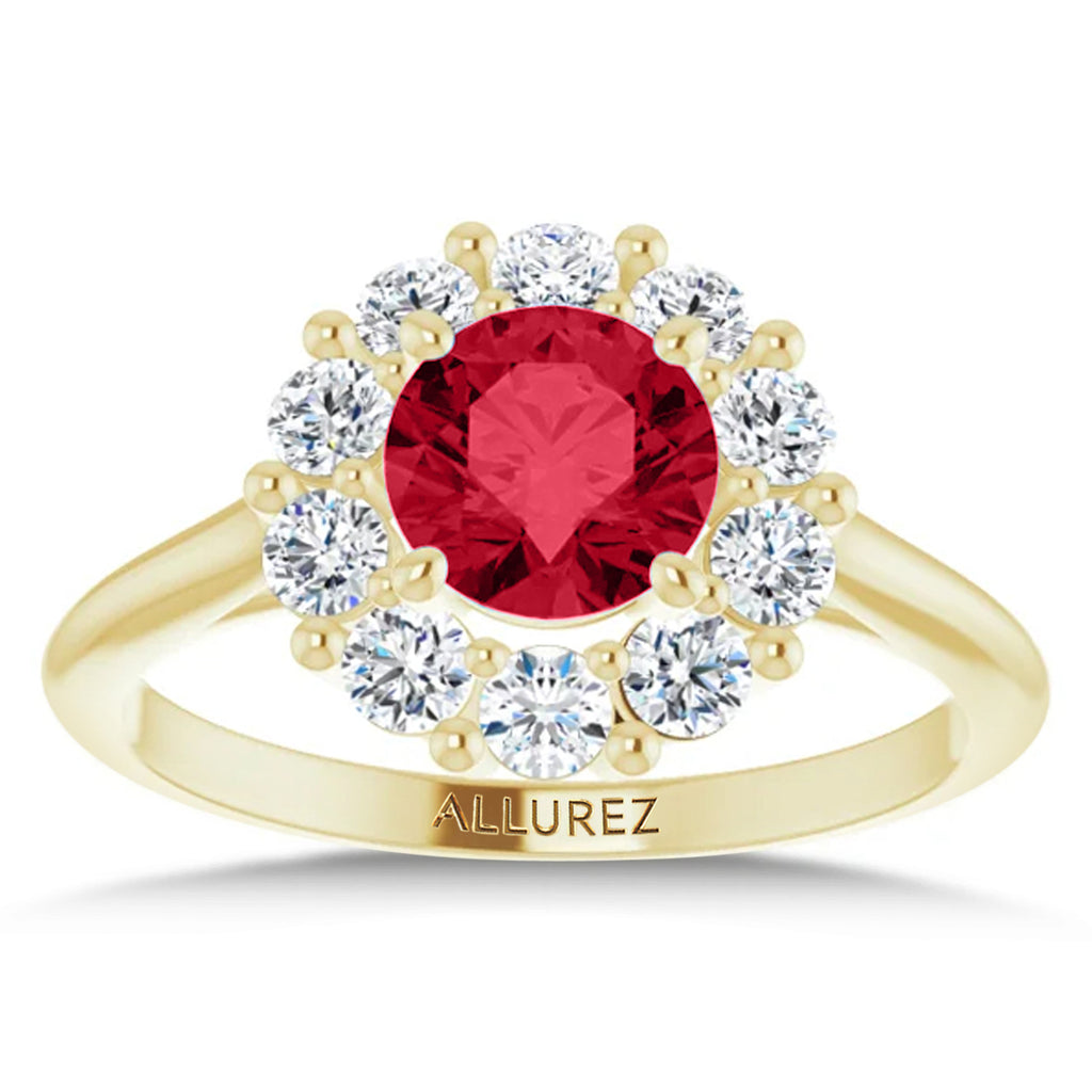 Round Lab  Ruby & Diamond Halo Ring 14K Yellow Gold (1.70ct)