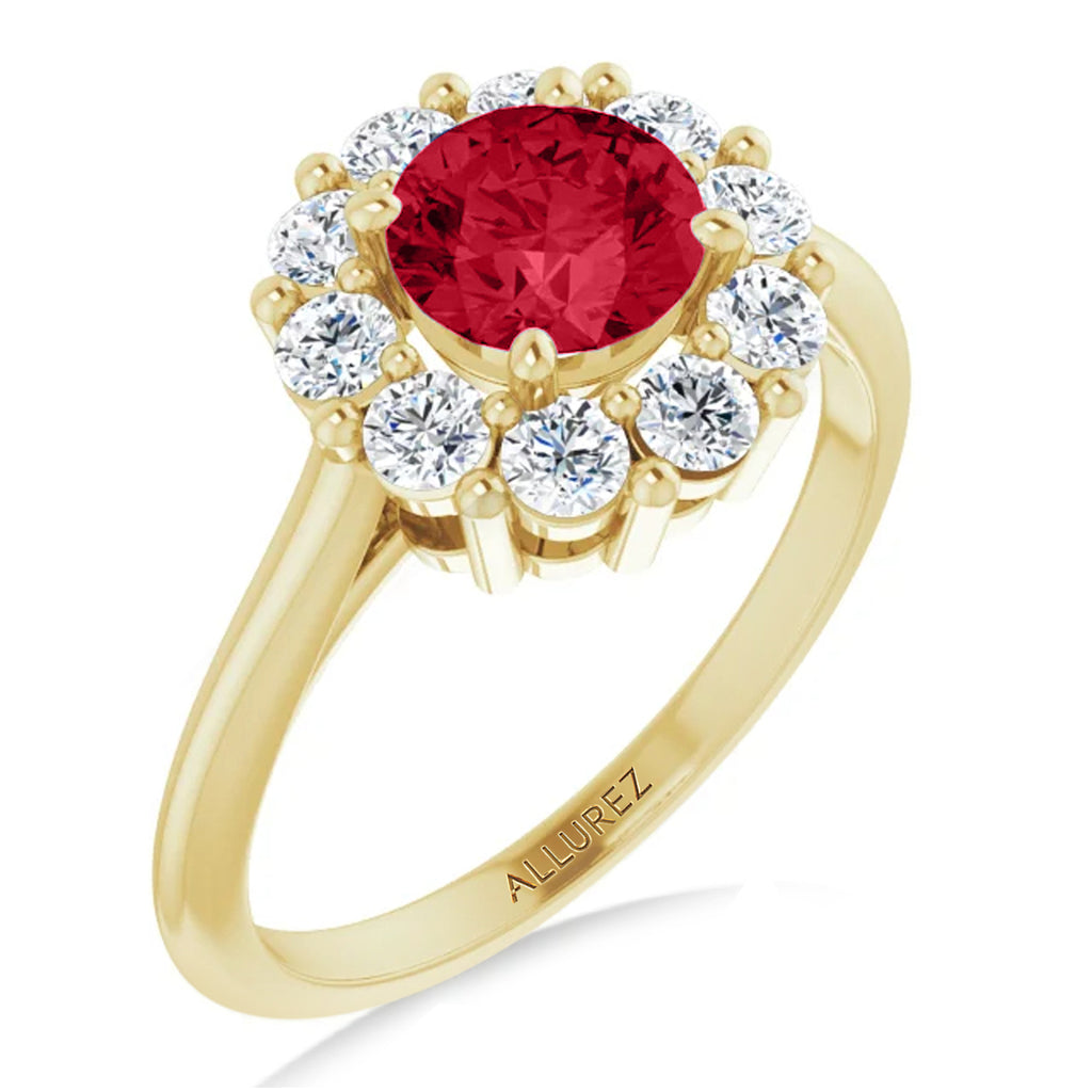 Round Lab  Ruby & Diamond Halo Ring 14K Yellow Gold (1.70ct)