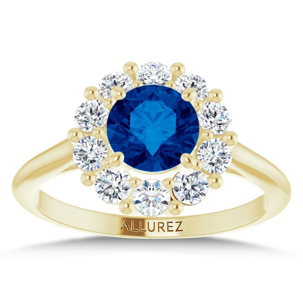 Round Blue Sapphire & Diamond Halo Ring 14K Yellow Gold (1.49ct)