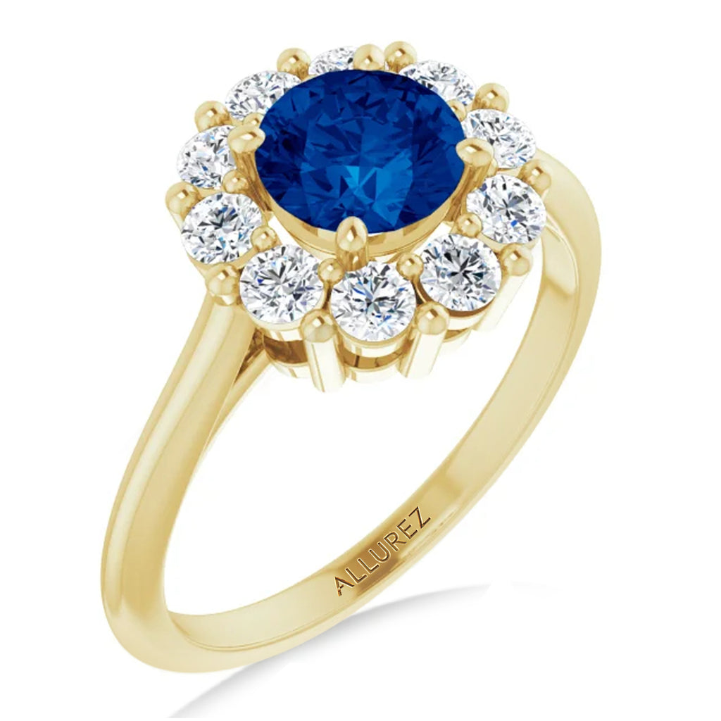 Round Blue Sapphire & Diamond Halo Ring 14K Yellow Gold (1.49ct)
