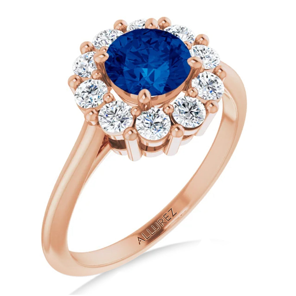 Round Blue Sapphire & Diamond Halo Ring 14K Rose Gold (1.49ct)
