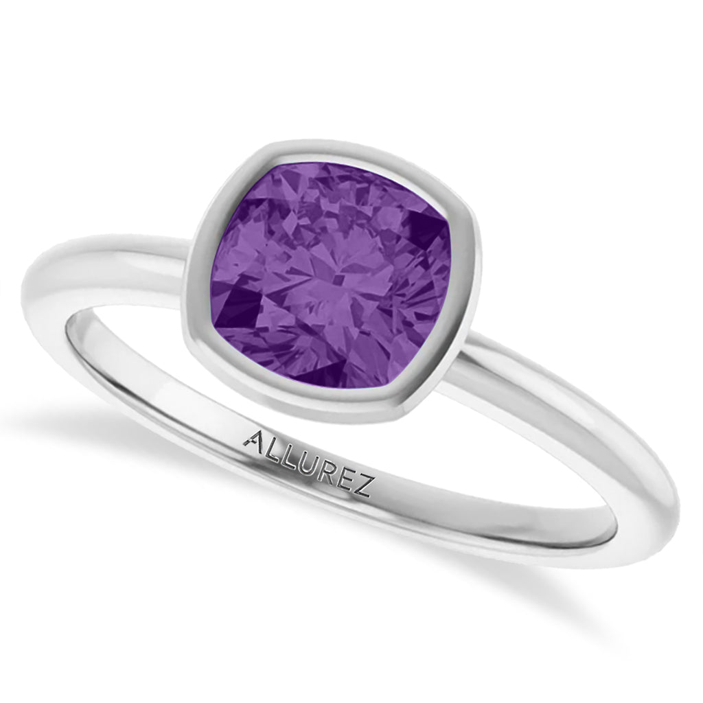 Cushion Cut Lab  Amethyst Fashion Ring 14K White Gold (0.88ct)