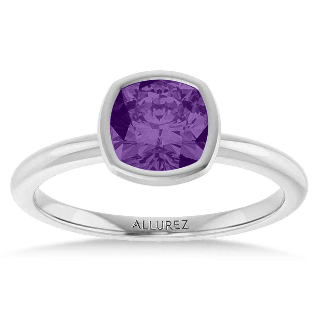 Cushion Cut Lab  Amethyst Fashion Ring 14K White Gold (0.88ct)