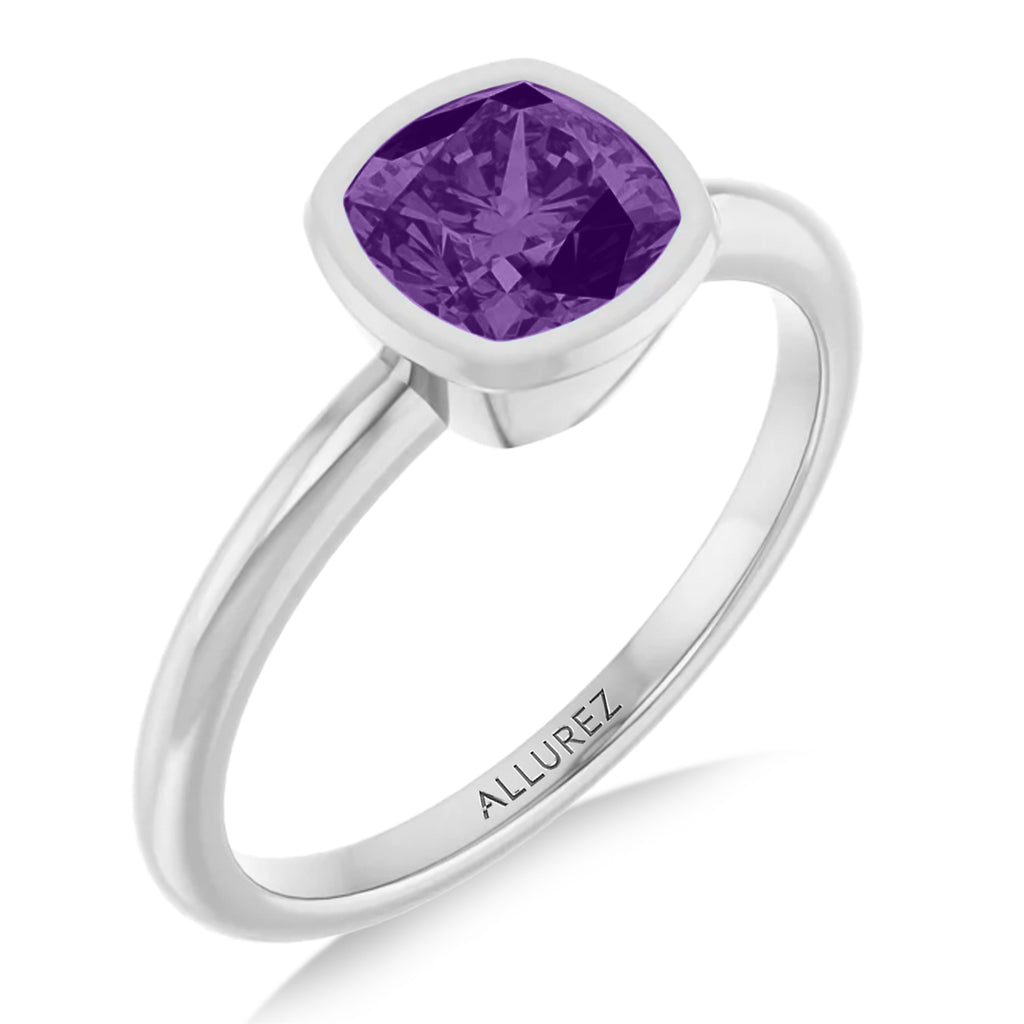 Cushion Cut Lab  Amethyst Fashion Ring 14K White Gold (0.88ct)