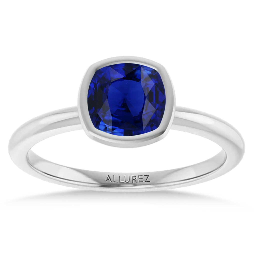 Cushion Cut Lab  Blue Sapphire Fashion Ring 14K White Gold (1.30ct)