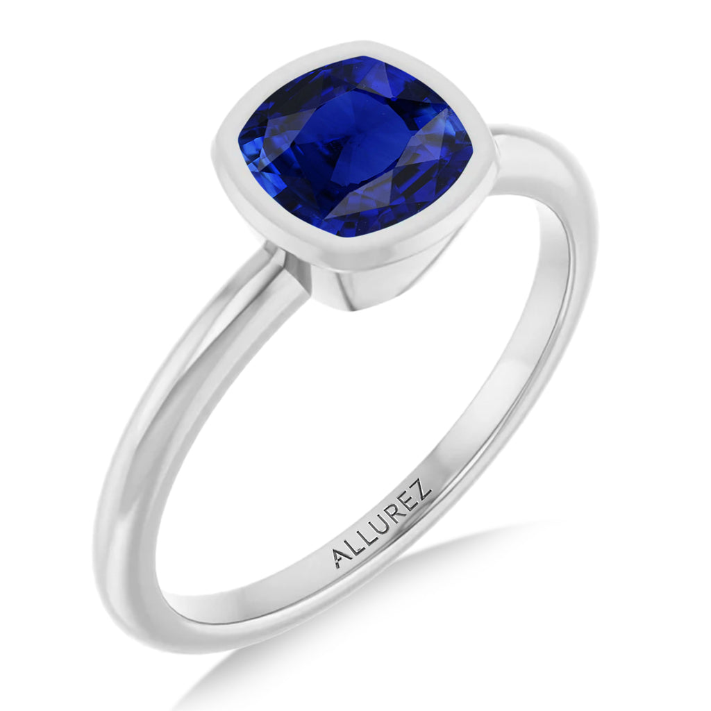 Cushion Cut Lab  Blue Sapphire Fashion Ring 14K White Gold (1.30ct)