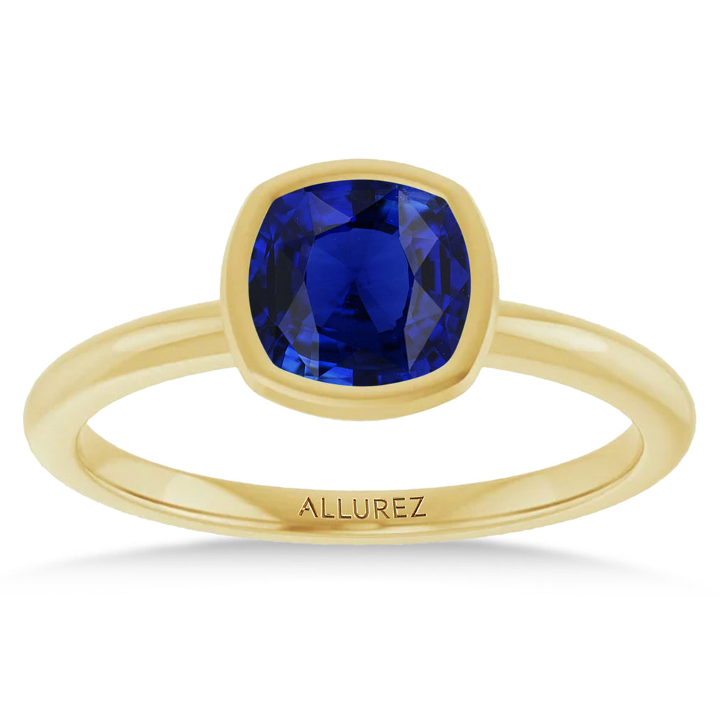Cushion Cut Lab  Blue Sapphire Fashion Ring 14K Yellow Gold (1.30ct)