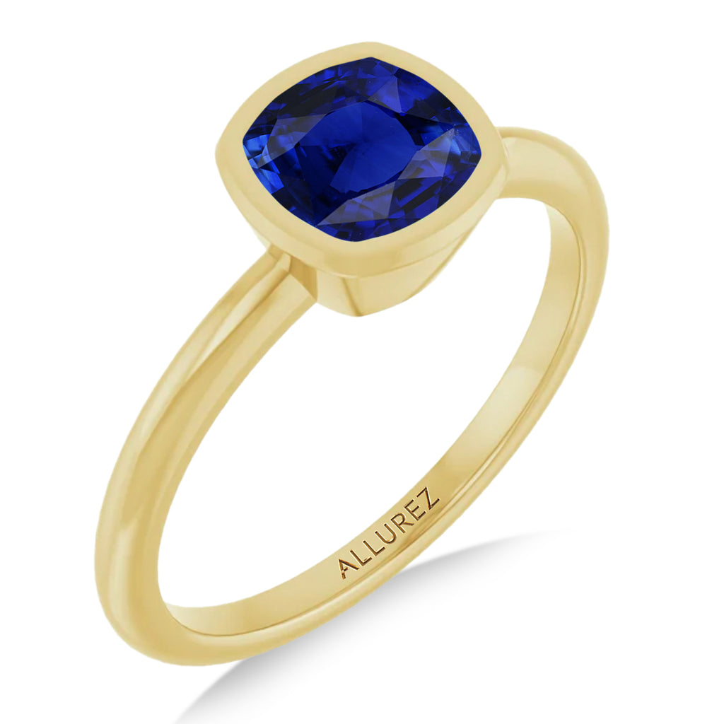 Cushion Cut Lab  Blue Sapphire Fashion Ring 14K Yellow Gold (1.30ct)