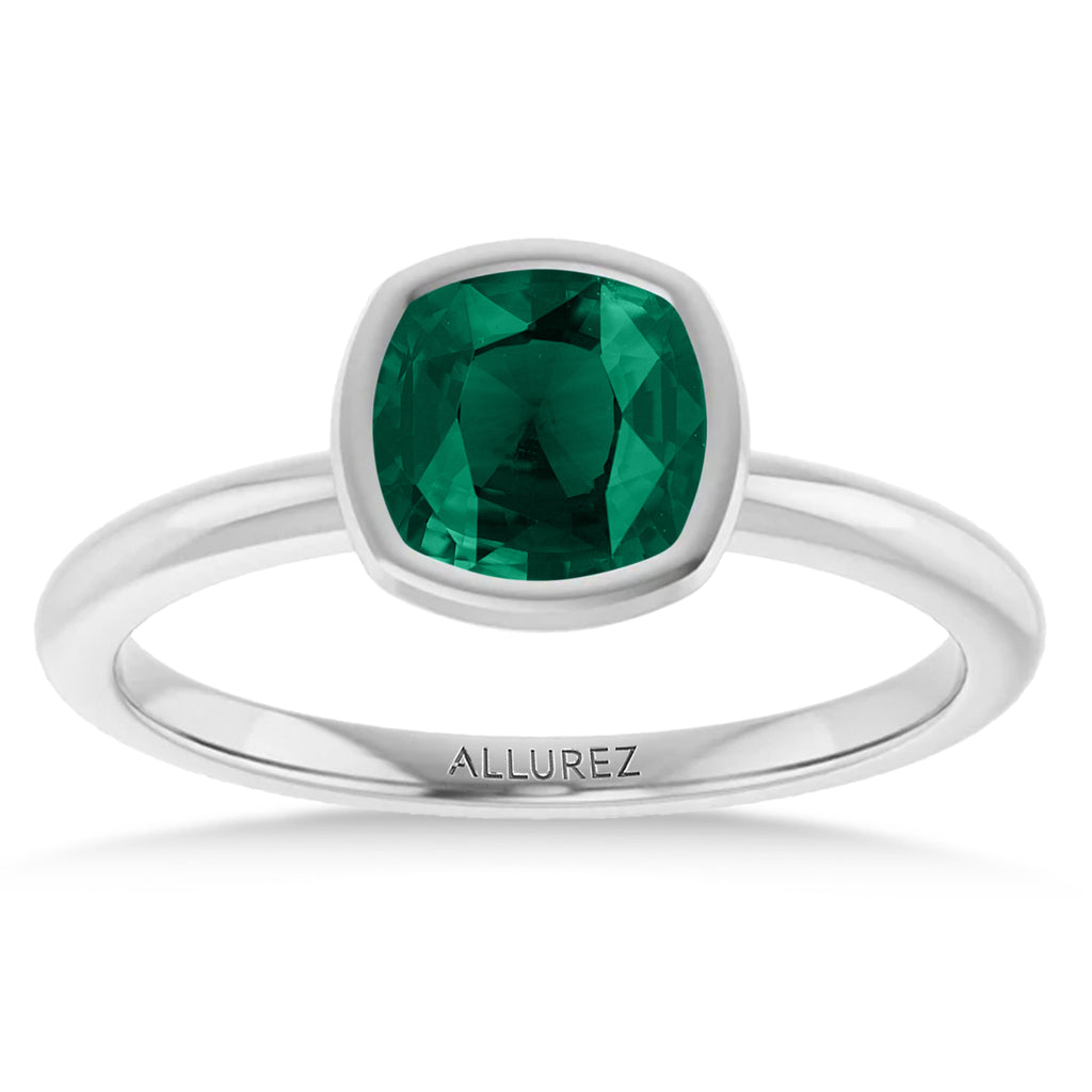 Cushion Cut Lab Emerald Fashion Ring 14K White Gold (0.90ct)