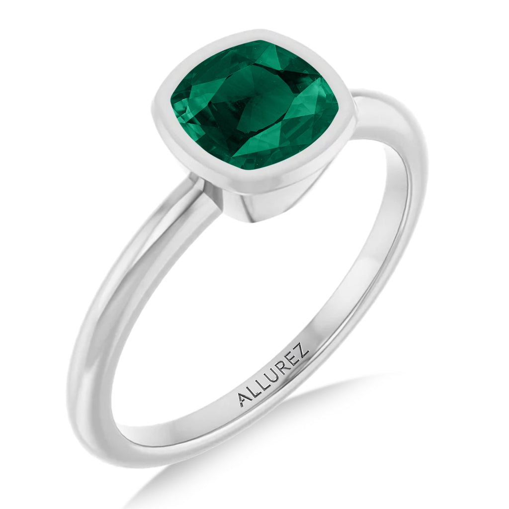 Cushion Cut Lab Emerald Fashion Ring 14K White Gold (0.90ct)