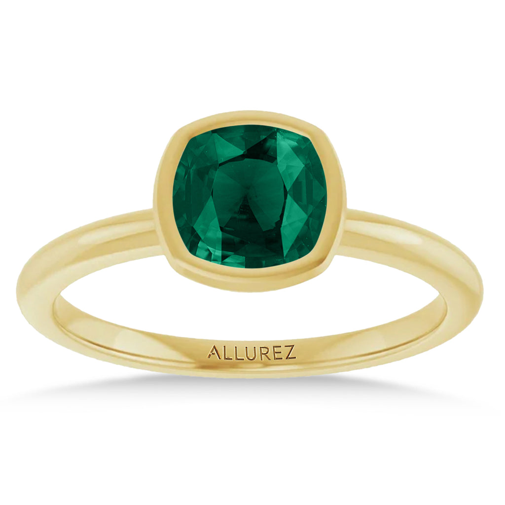 Cushion Cut Lab  Emerald Fashion Ring 14K Yellow Gold (0.90ct)