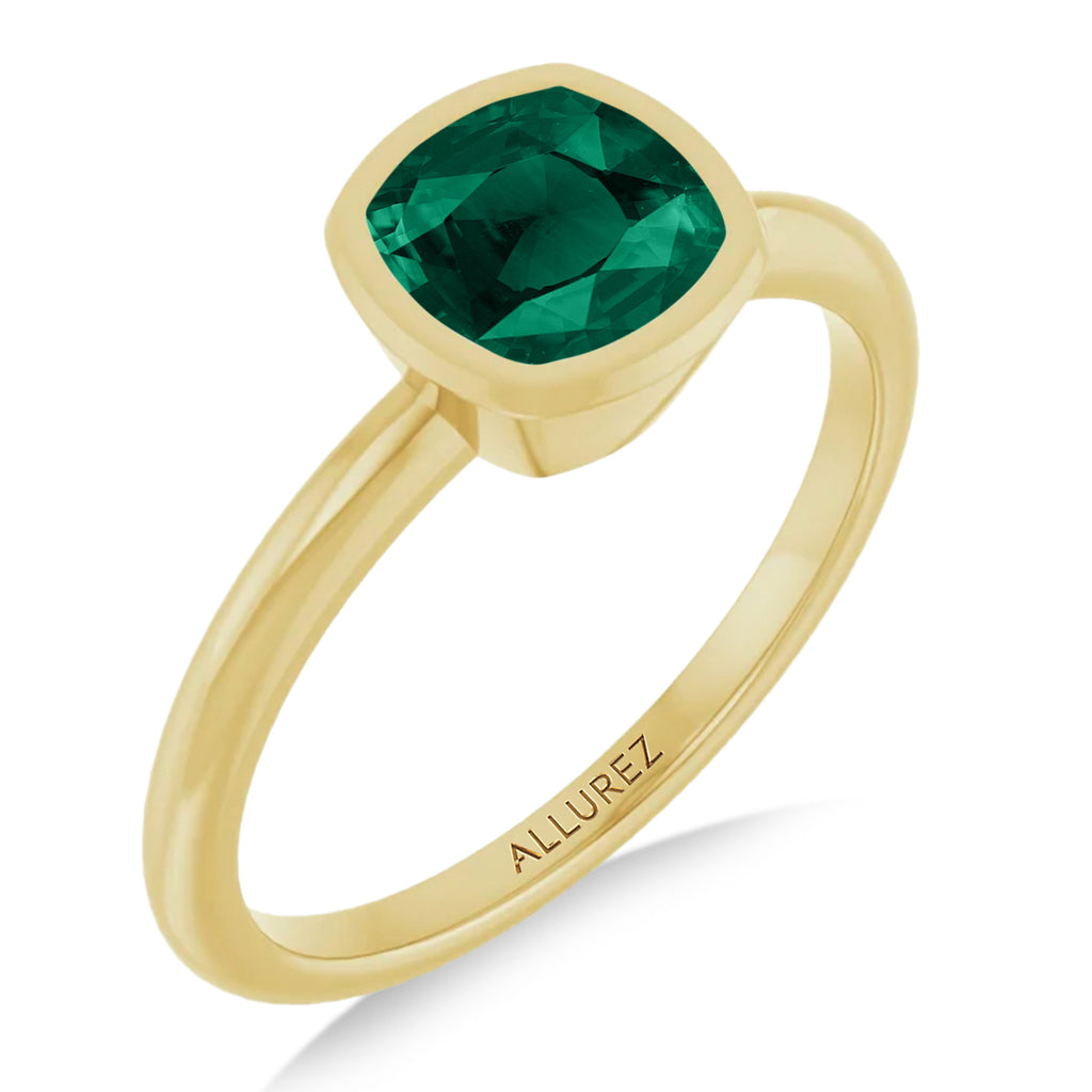 Cushion Cut Lab  Emerald Fashion Ring 14K Yellow Gold (0.90ct)