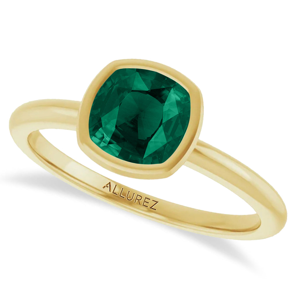 Cushion Cut Lab  Emerald Fashion Ring 14K Yellow Gold (0.90ct)