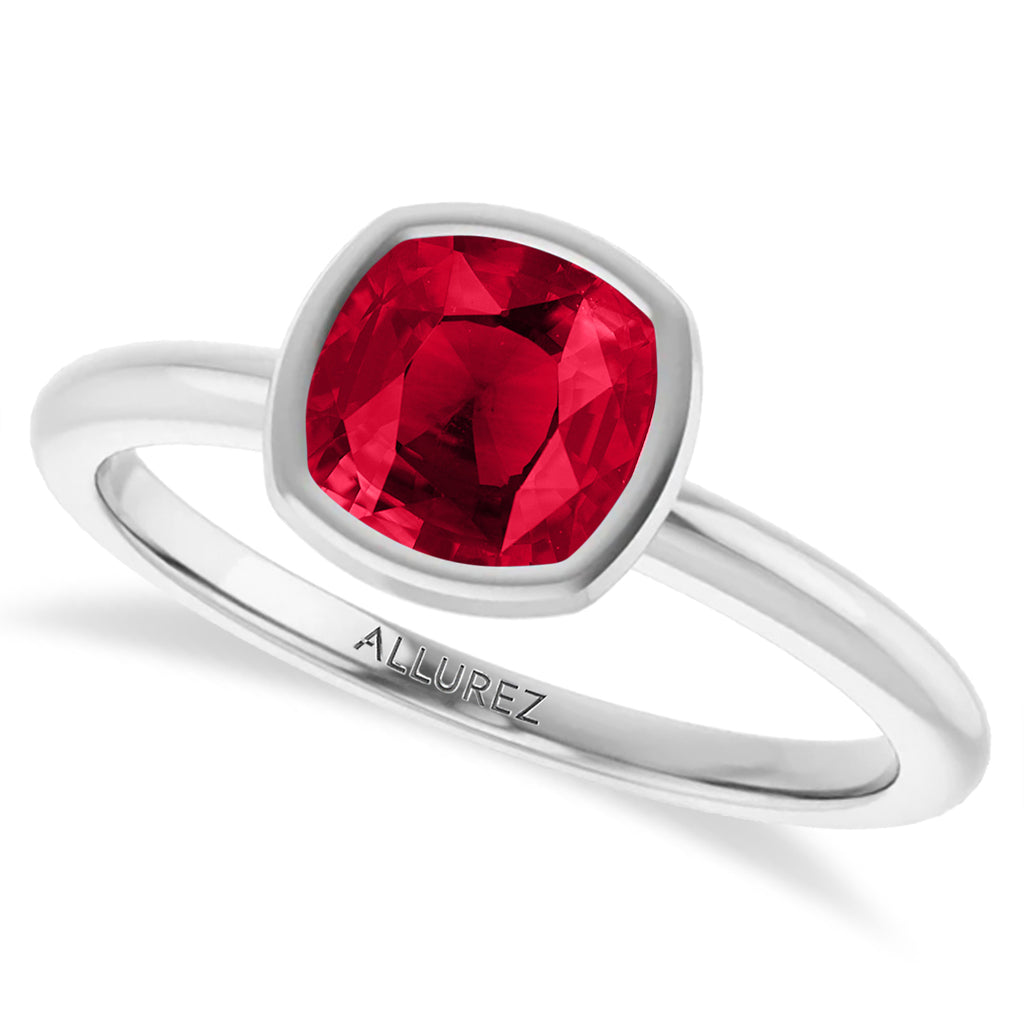Cushion Cut Lab  Ruby Fashion Ring 14K White Gold (1.45ct)